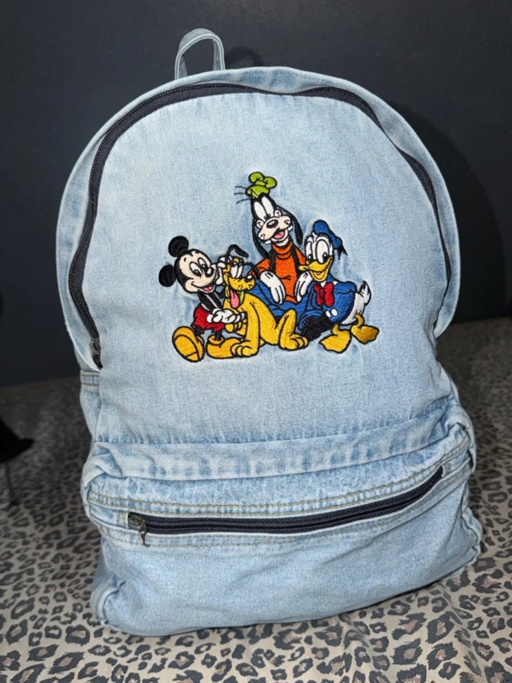 Disney Light Blue Denim Backpack with Mickey, Donald, Goofy & Pluto Patch